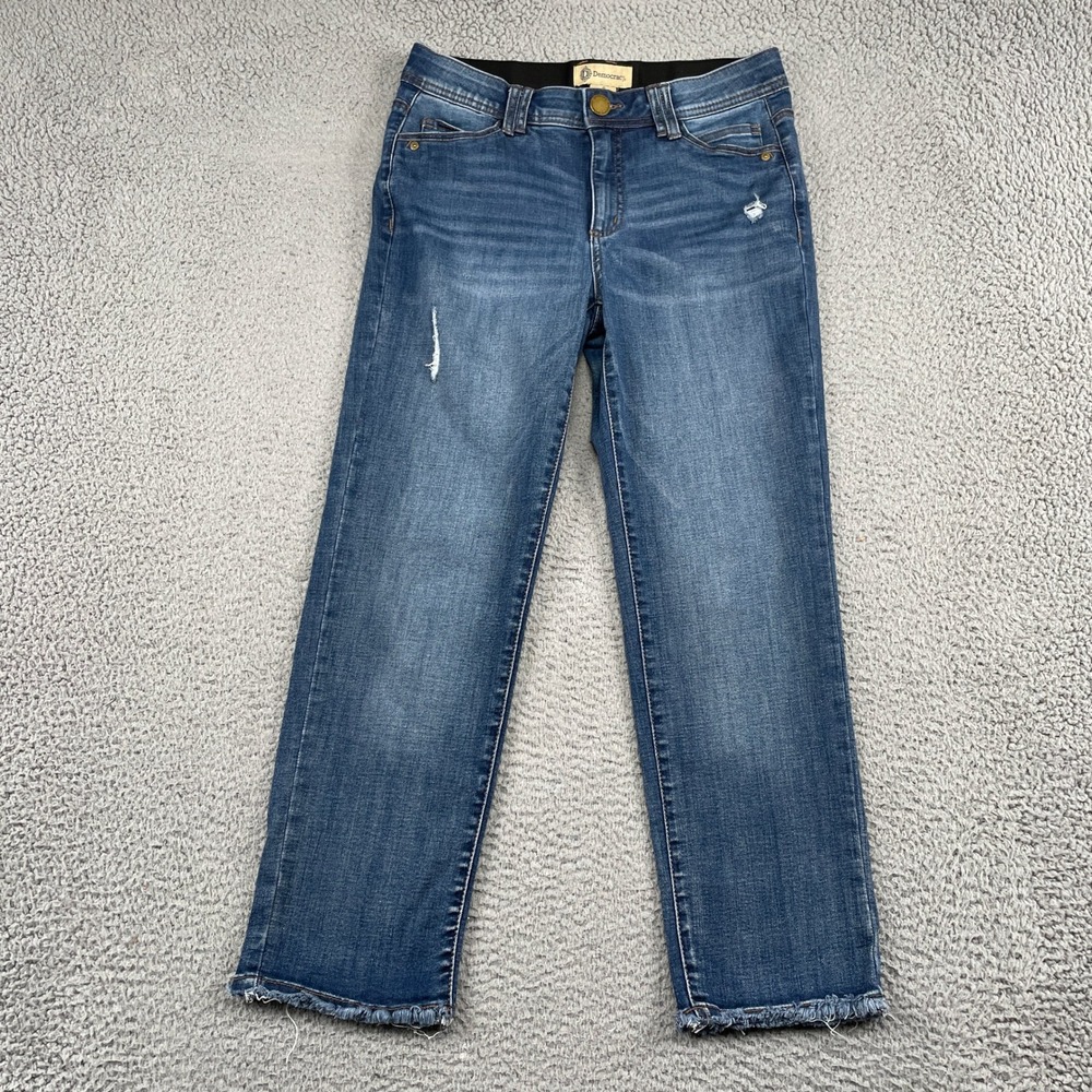 Democracy Jeans Women 8 Blue Ab Technology Straight Leg Distressed Frayed Hem